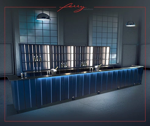 klappBAR-Setup mit blauer Pulverbeschichtung und individuell gestalteter Frontblende.