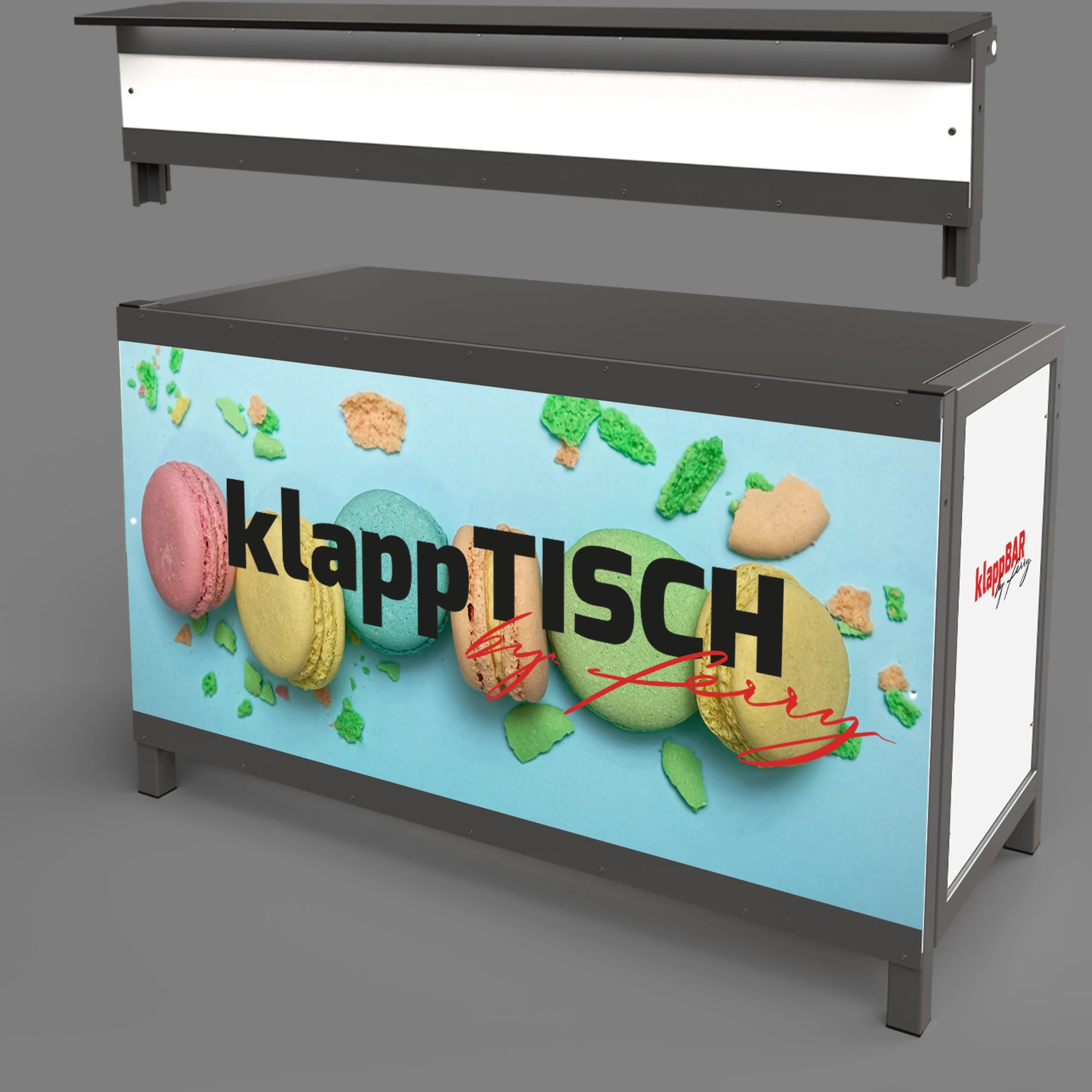 Beispielbild eines klappTISCH mit individuell bedruckter Front- und Seitenblende.