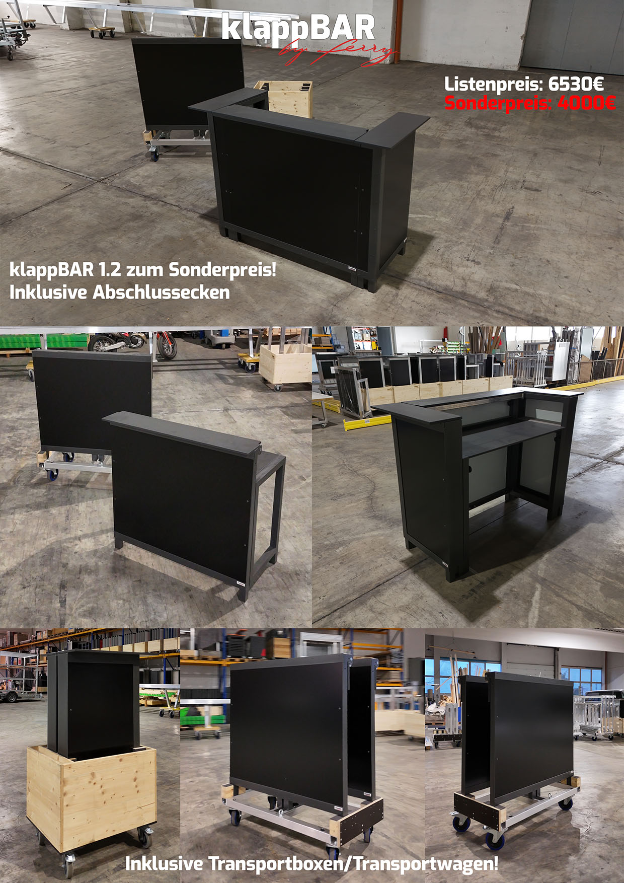 2 klappBARs 1.2 im Sonderangebot – mobile, klappbare Bartheken für Events, Gastronomie und Catering. Schwarze Eventbar mit Abschlussecken, Transportboxen und Transportwagen. Listenpreis 6530€, jetzt nur 4000€. Hochwertige, platzsparende Lösung für Veranstaltungen